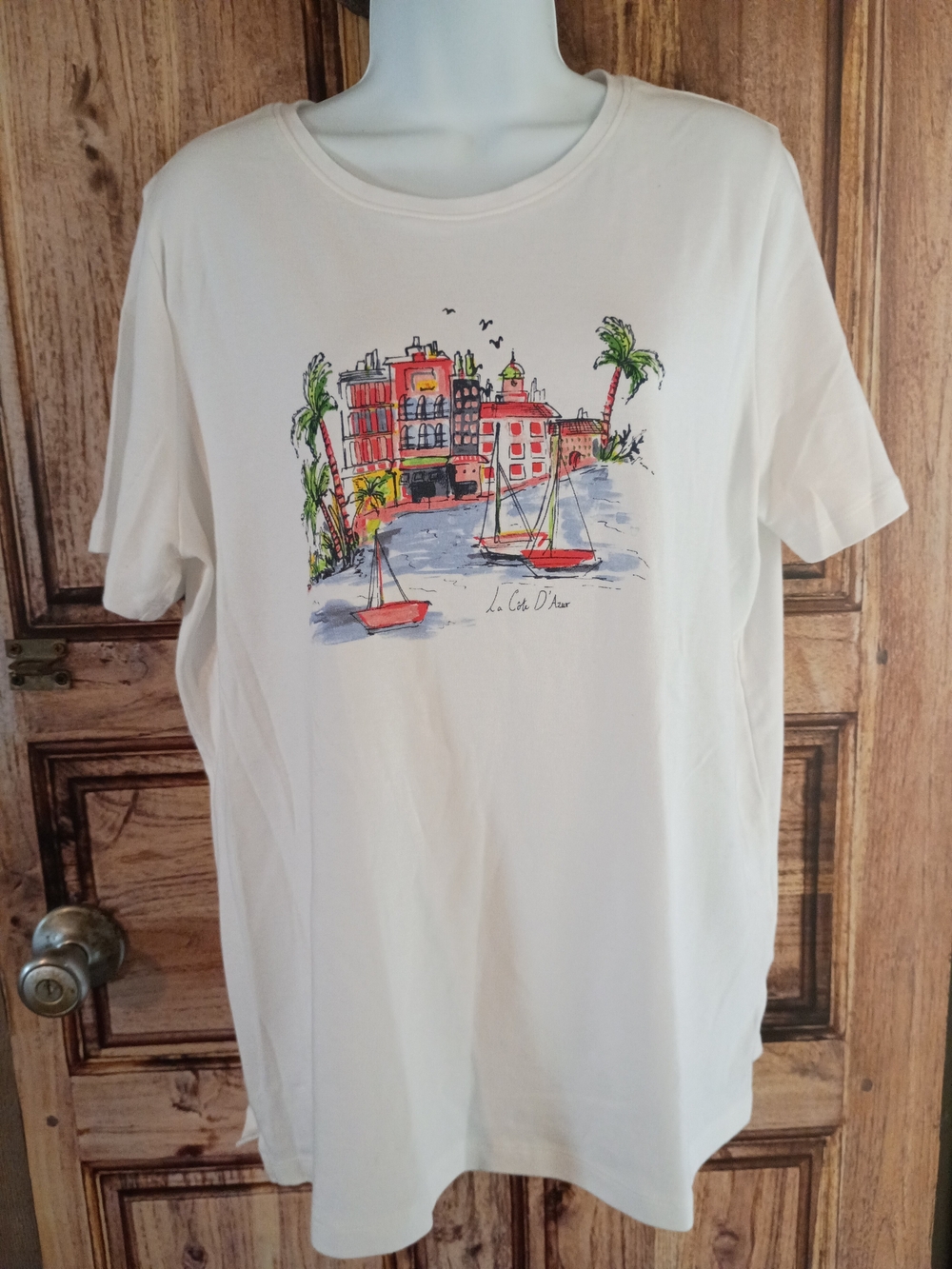 Kim Rogers White Graphic Tee with Multicolor Harbor Print